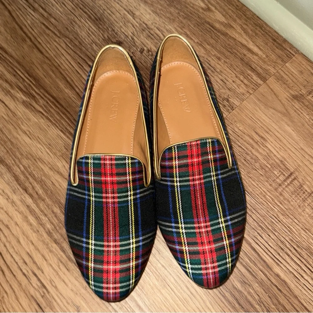 J.Crew Factory Womens Holiday Tartan Plaid Print Smoking Loafers Gold Trim S-7